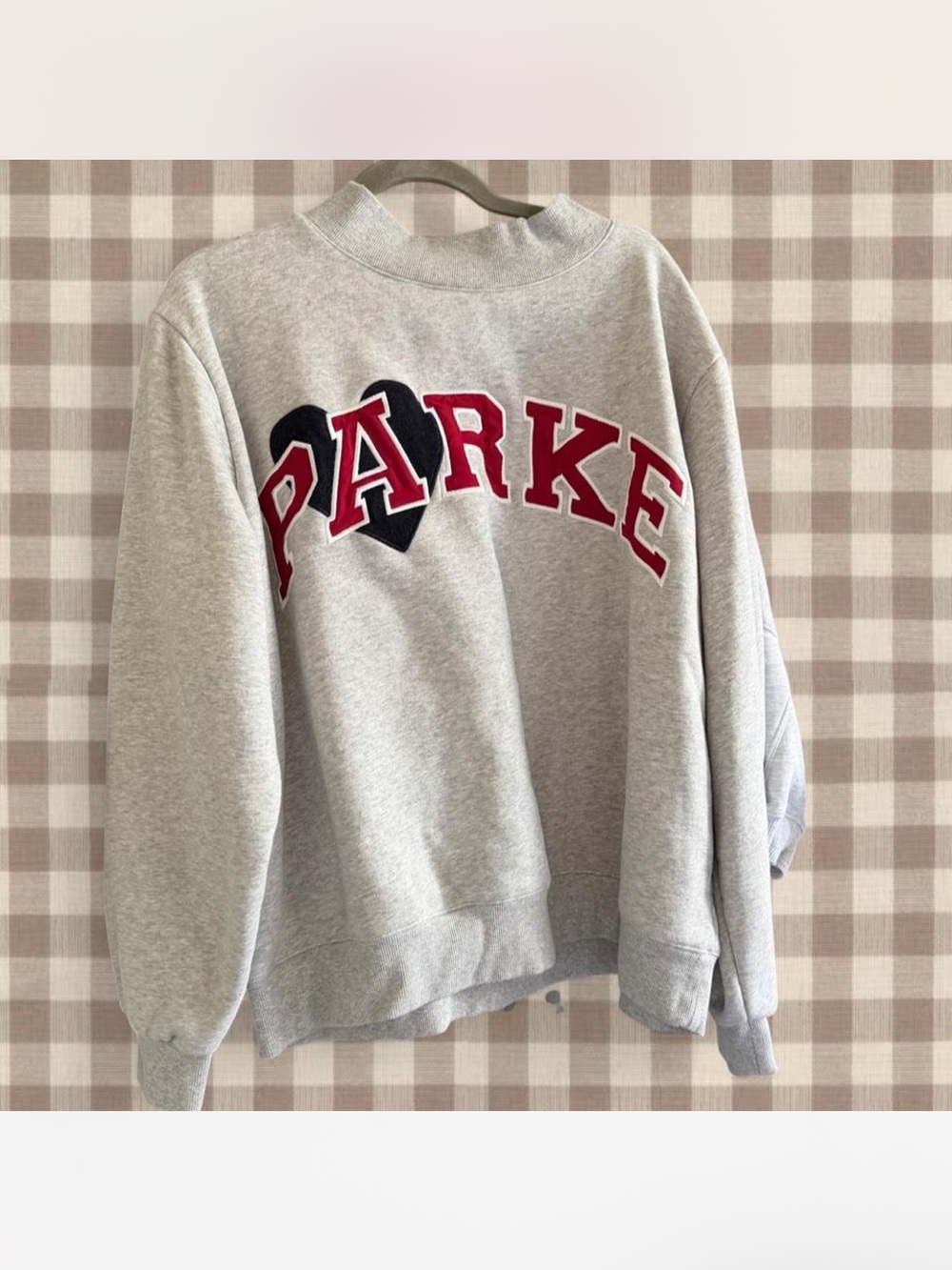 Gray Crewneck Sweatshirt with Red PARKE Applique and Navy Heart